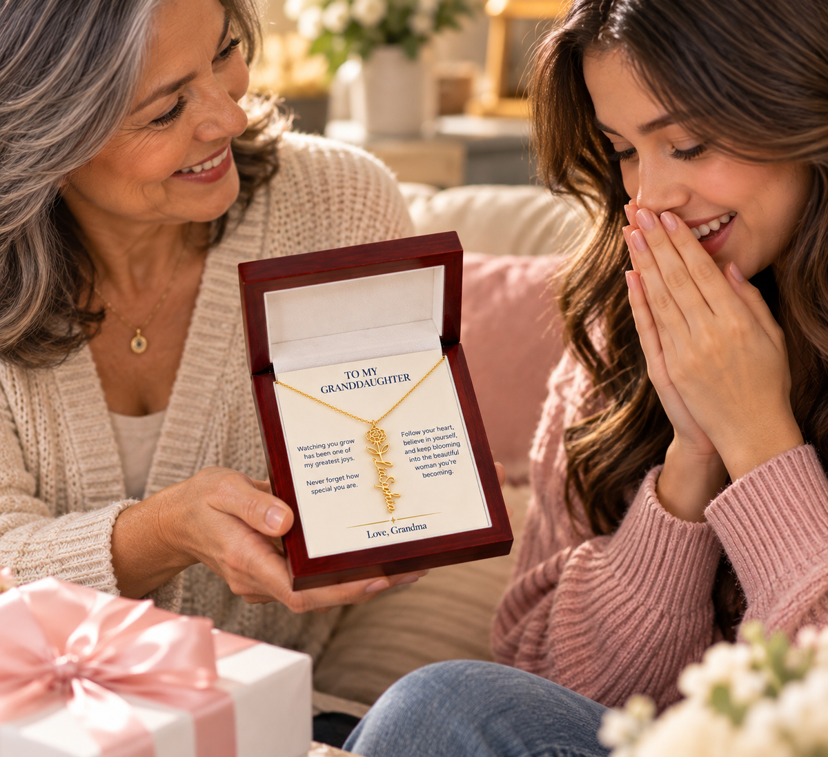 To My Granddaughter Personalized Birth Flower Name Necklace, Gift From Grandma