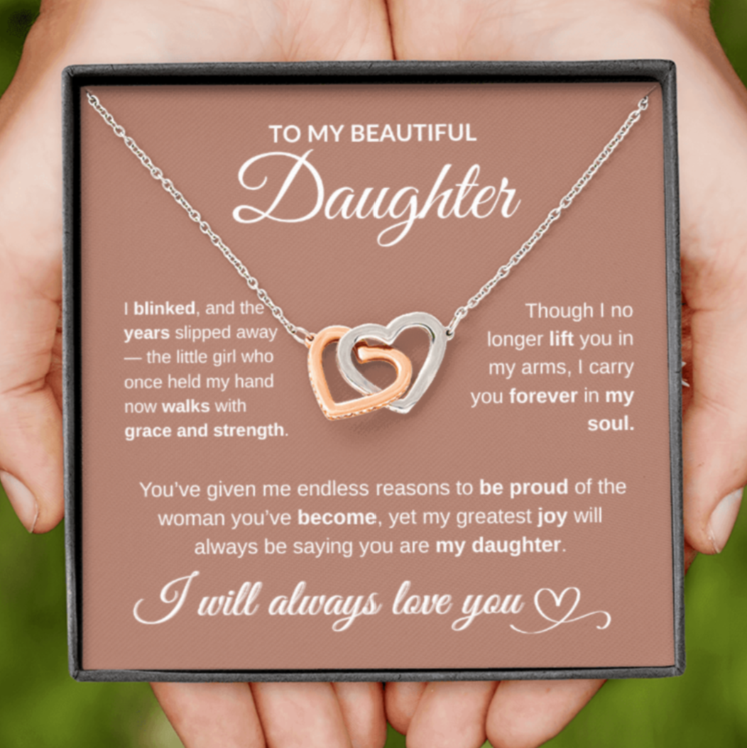 To My Beautiful Daughter – Interlocking Hearts Necklace (Yellow Gold or Rose/White Gold Variants)