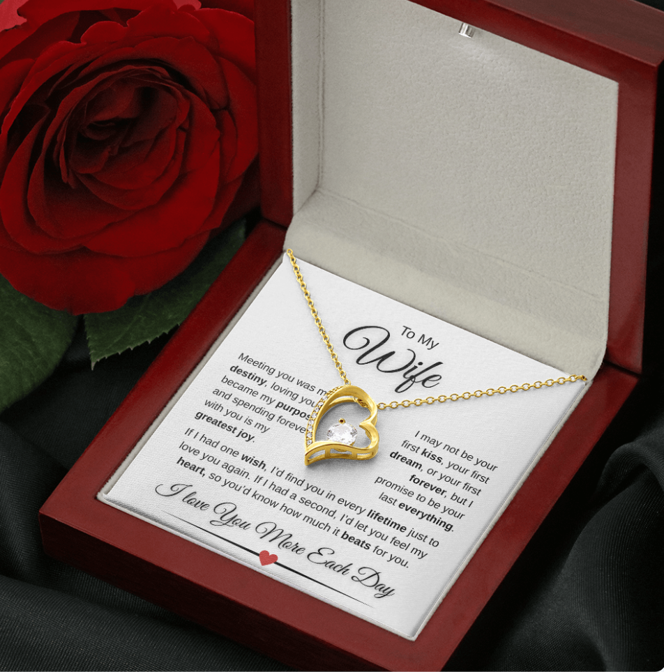 To My Wife Forever Love Necklace – 14K White Gold or 18K Yellow Gold | Romantic Message Gift | Anniversary, Birthday, Christmas Gift for Wife