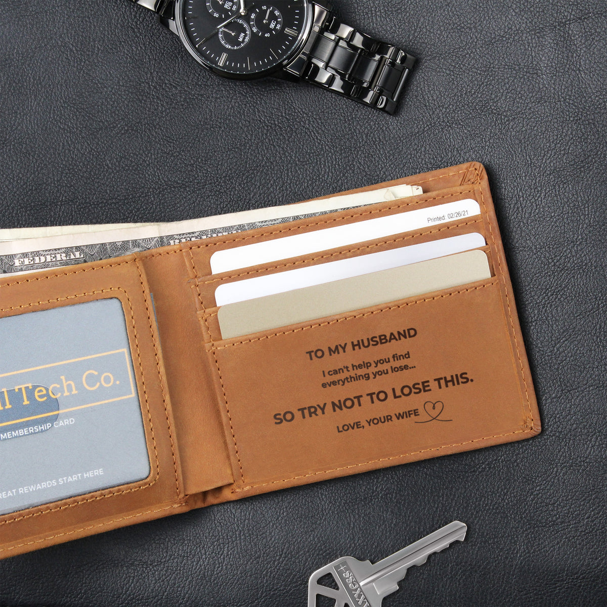 To My Husband, Try Not to Lose This Engraved Leather Wallet