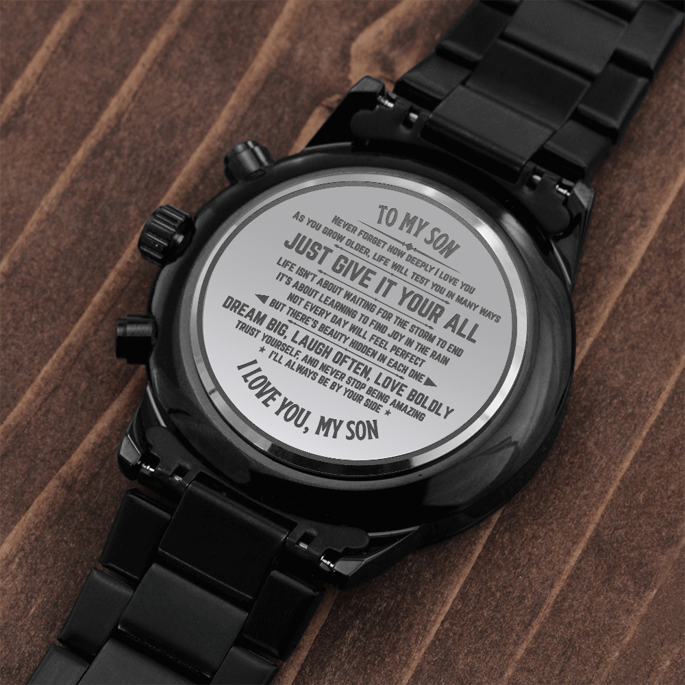 To My Son Black Chronograph Watch – Inspirational Gift from Dad – Meaningful Birthday, Graduation, or Christmas Gift for Son