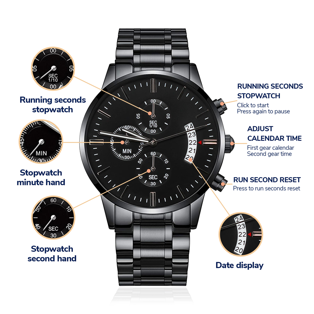 To My Husband – Our Story, Our Forever | Personalized Black Chronograph Watch for Him | Anniversary, Wedding, or Birthday Gift