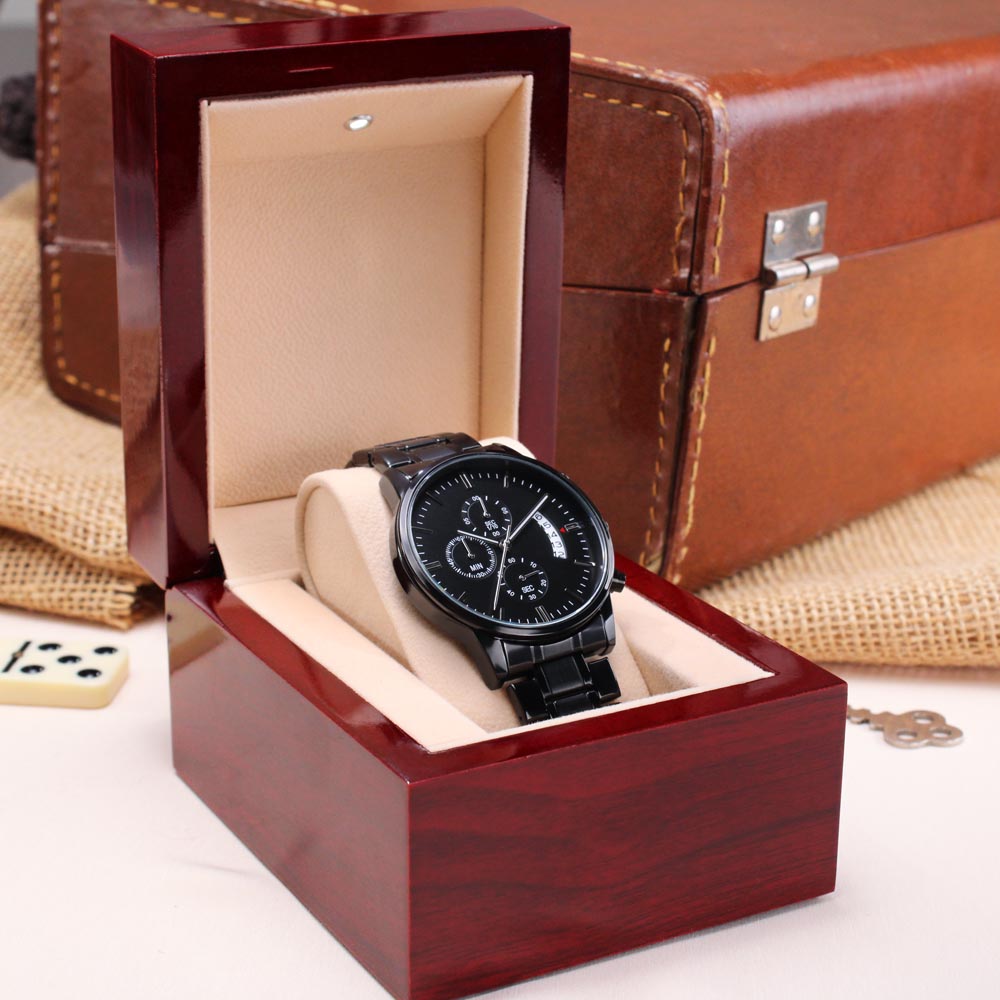 To My Husband – Our Story, Our Forever | Personalized Black Chronograph Watch for Him | Anniversary, Wedding, or Birthday Gift