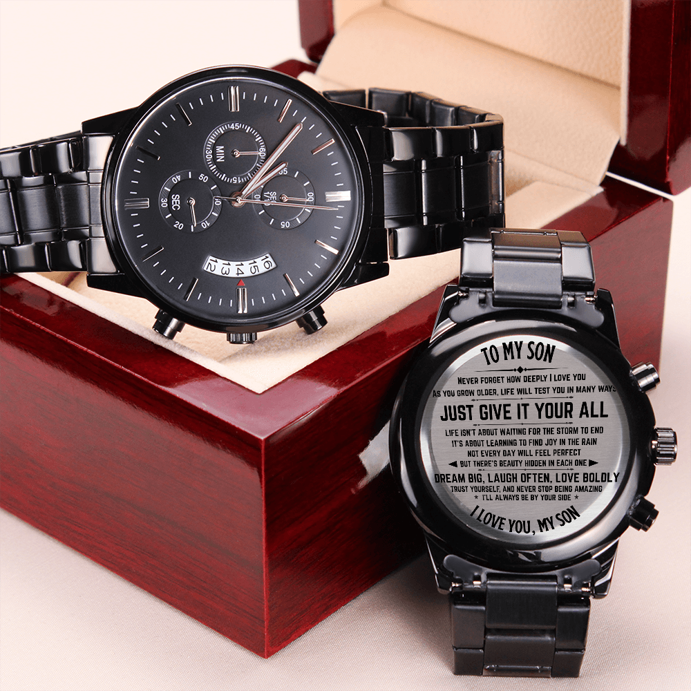 To My Son Black Chronograph Watch – Inspirational Gift from Dad – Meaningful Birthday, Graduation, or Christmas Gift for Son