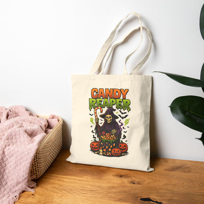 Candy Reaper Halloween Tote Bag Funny Grim Reaper Trick or Treat Bag Spooky Pumpkin Candy Cauldron Tote Reusable Halloween Gift Idea