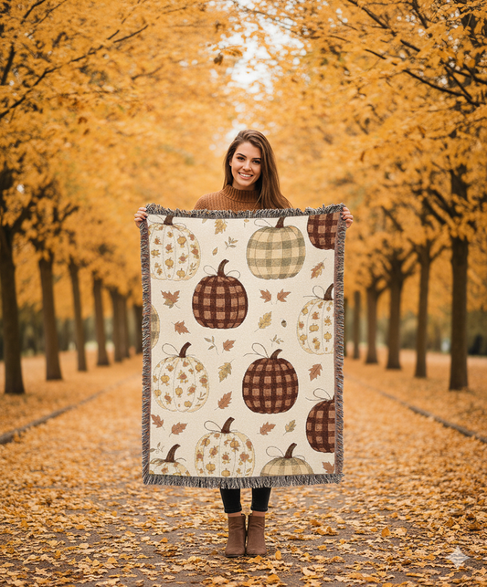 Cozy Pumpkin Woven Blanket Rustic Autumn Throw with Neutral Fall Pattern, Soft Decorative Accent for Couch or Bed, 2 Sizes