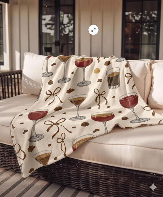 Cozy Sherpa Fleece Blanket with Cocktail & Chocolate Print Soft Throw for Living Room, Bar Lounge, or Gift  2 Sizes