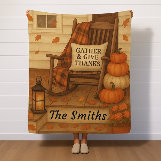 Personalized Fall Blanket Gather & Give Thanks Sherpa Fleece Custom Name Autumn Throw in 2 Sizes