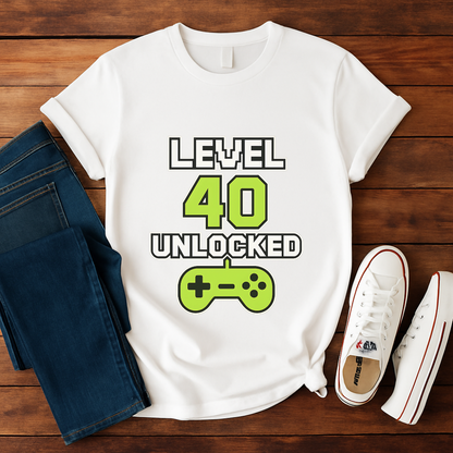Level 40 Unlocked Shirt Funny Gamer 40th Birthday T-Shirt Retro Video Game Controller Gift for Men and Women