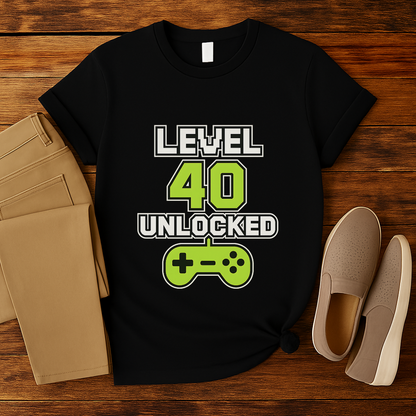 Level 40 Unlocked Shirt Funny Gamer 40th Birthday T-Shirt Retro Video Game Controller Gift for Men and Women