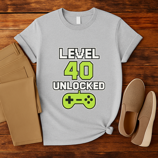 Level 40 Unlocked Shirt Funny Gamer 40th Birthday T-Shirt Retro Video Game Controller Gift for Men and Women