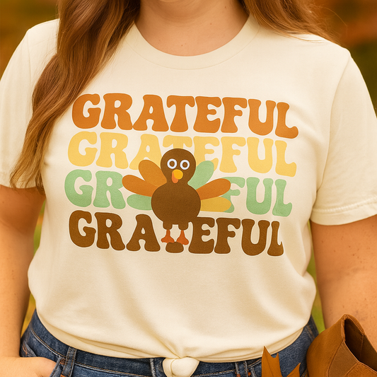 Retro GRATEFUL Thanksgiving T Shirt Cute Turkey Fall Family Outfit Cozy Autumn Graphic Tee Bella Canvas Unisex
