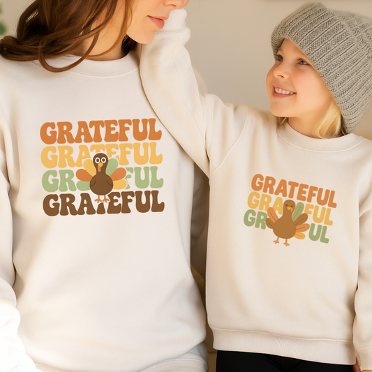 GRATEFUL Turkey Thanksgiving Sweatshirt Retro Fall Pullover Cute Holiday Family Outfit Matching Adult and Kids Sizes