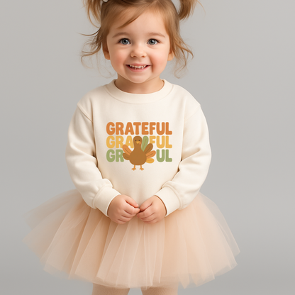 Toddler GRATEFUL Thanksgiving Sweatshirt Cute Turkey Retro Fall Pullover Cozy Autumn Outfit Holiday Gift for Boys and Girls