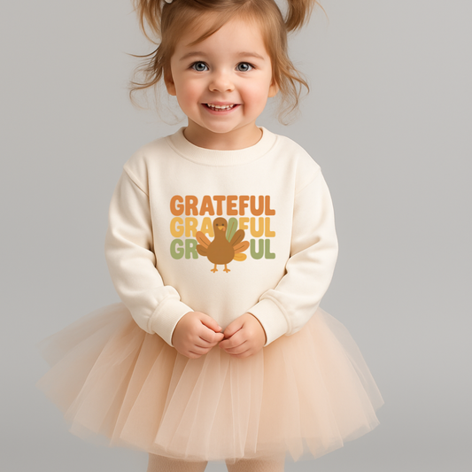 Toddler GRATEFUL Thanksgiving Sweatshirt Cute Turkey Retro Fall Pullover Cozy Autumn Outfit Holiday Gift for Boys and Girls