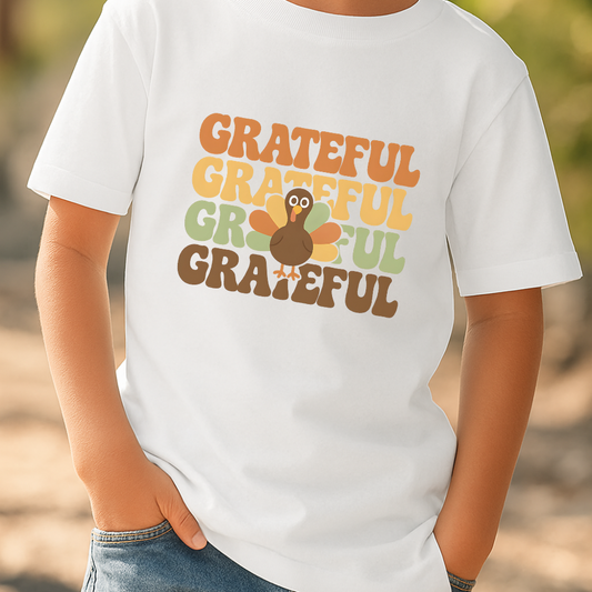 Kids GRATEFUL Thanksgiving T Shirt Cute Turkey Retro Fall Outfit Toddler Youth Holiday Tee Autumn Family Matching Clothes
