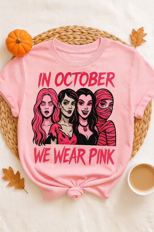 In October We Wear Pink Shirt, Halloween Pink Ribbon Tee, Breast Cancer Awareness Graphic Tee