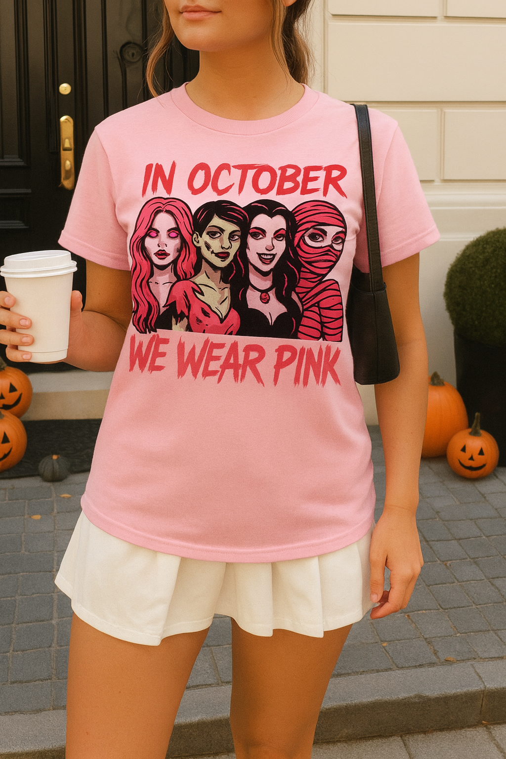 In October We Wear Pink Shirt, Halloween Pink Ribbon Tee, Breast Cancer Awareness Graphic Tee