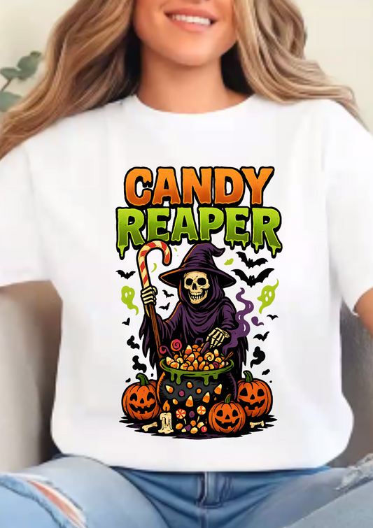 Candy Reaper Halloween T-Shirt Funny Grim Reaper Costume Shirt with Candy Cauldron & Pumpkins Spooky Trick or Treat Graphic Tee