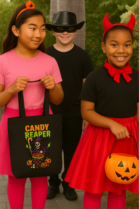 Candy Reaper Halloween Tote Bag Funny Grim Reaper Trick or Treat Bag Spooky Pumpkin Candy Cauldron Tote Reusable Halloween Gift Idea
