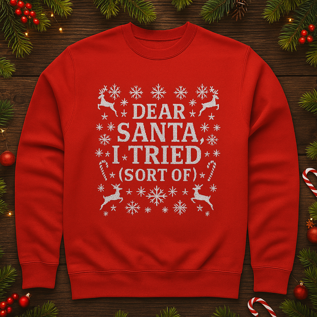 Dear Santa I Tried (Sort Of) Funny Christmas Sweatshirt | Ugly Sweater Party Shirt | Holiday Gift for Him Her | Cozy Xmas Humor Top