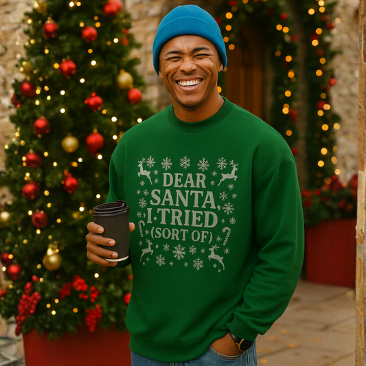 Dear Santa I Tried (Sort Of) Funny Christmas Sweatshirt | Ugly Sweater Party Shirt | Holiday Gift for Him Her | Cozy Xmas Humor Top