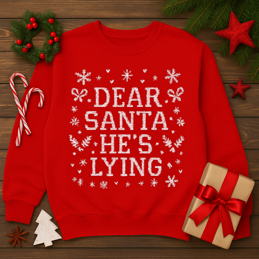 Dear Santa He s Lying Christmas Sweatshirt -Funny Holiday Couples Sweater, Cozy Christmas Outfit, Ugly Christmas Party Sweatshirt