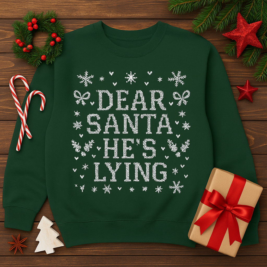 Dear Santa He s Lying Christmas Sweatshirt -Funny Holiday Couples Sweater, Cozy Christmas Outfit, Ugly Christmas Party Sweatshirt