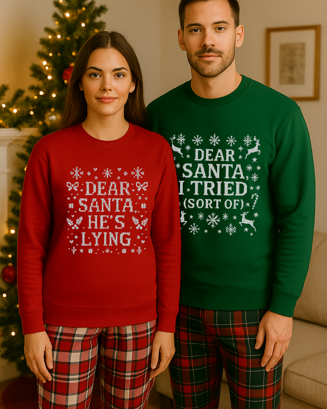 Dear Santa He s Lying Christmas Sweatshirt -Funny Holiday Couples Sweater, Cozy Christmas Outfit, Ugly Christmas Party Sweatshirt