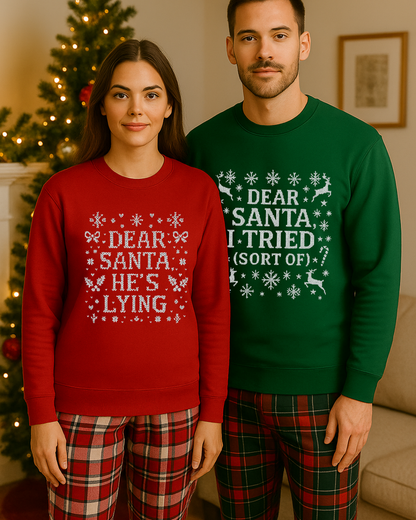 Dear Santa He s Lying Christmas Sweatshirt -Funny Holiday Couples Sweater, Cozy Christmas Outfit, Ugly Christmas Party Sweatshirt