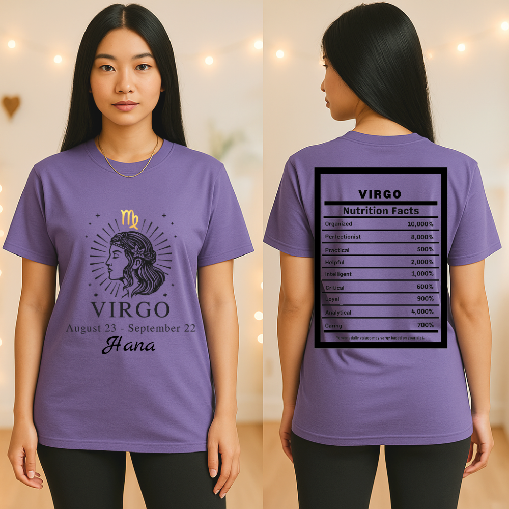 Virgo Zodiac Illustration T-Shirt | Astrology Tee, Nutrition Facts Back Print