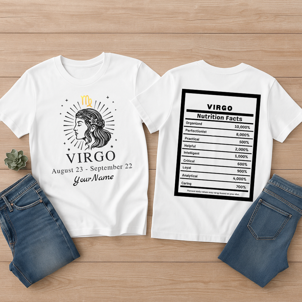 Virgo Zodiac Illustration T-Shirt | Astrology Tee, Nutrition Facts Back Print