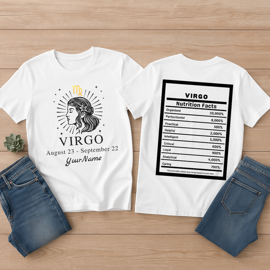 Virgo Zodiac Illustration T-Shirt | Astrology Tee, Nutrition Facts Back Print
