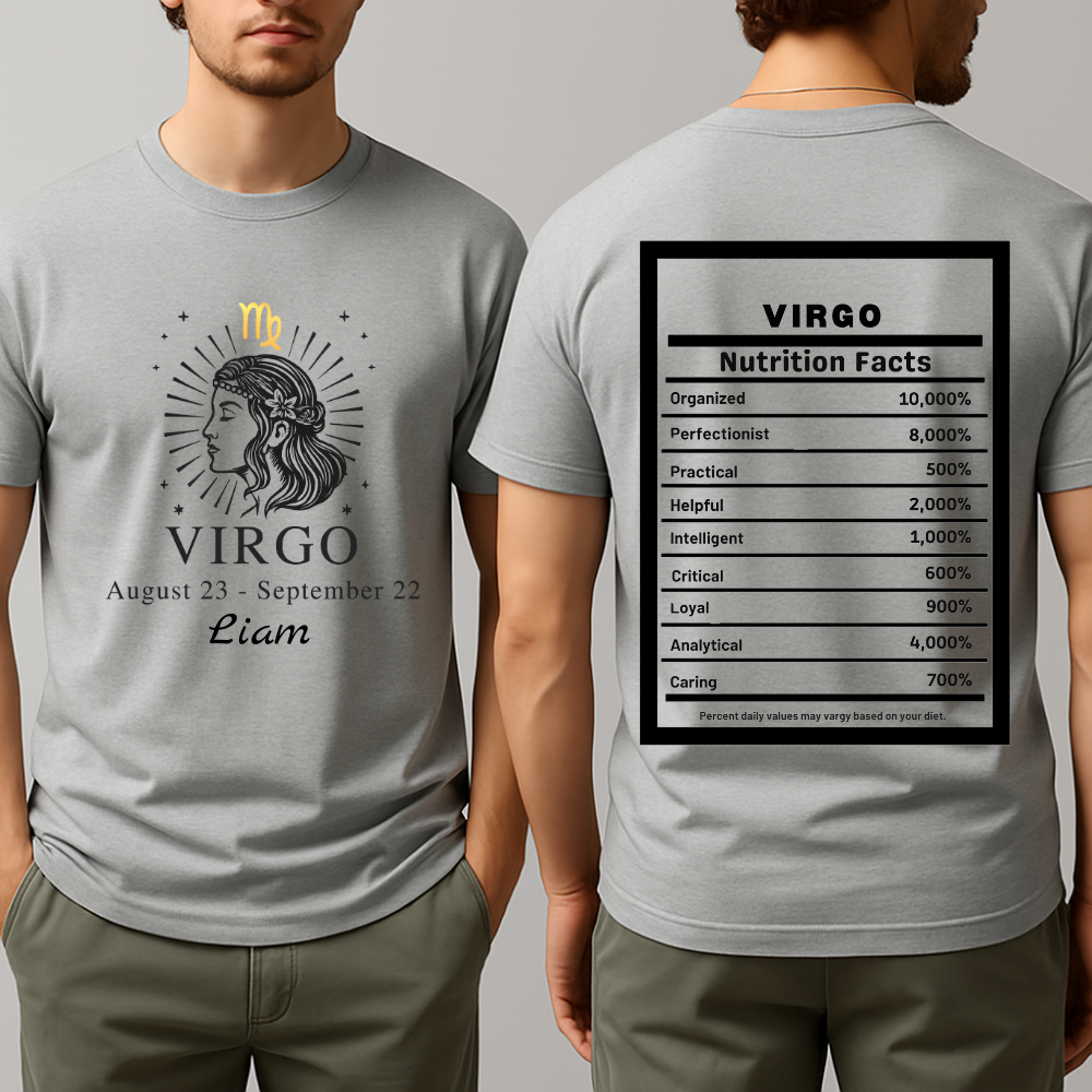 Virgo Zodiac Illustration T-Shirt | Astrology Tee, Nutrition Facts Back Print