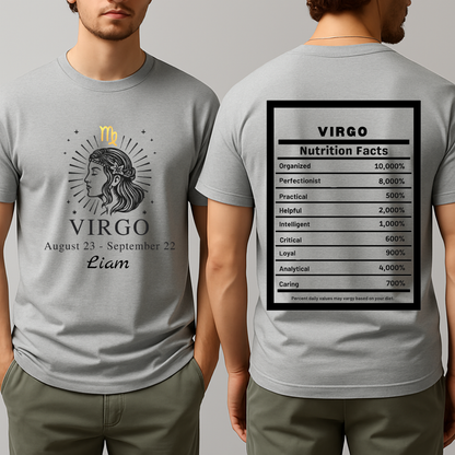 Virgo Zodiac Illustration T-Shirt | Astrology Tee, Nutrition Facts Back Print