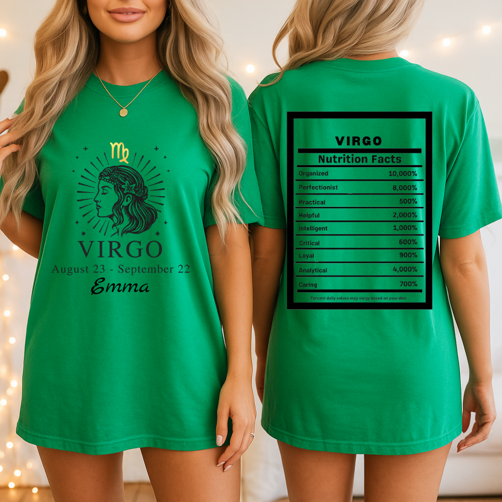 Virgo Zodiac Illustration T-Shirt | Astrology Tee, Nutrition Facts Back Print