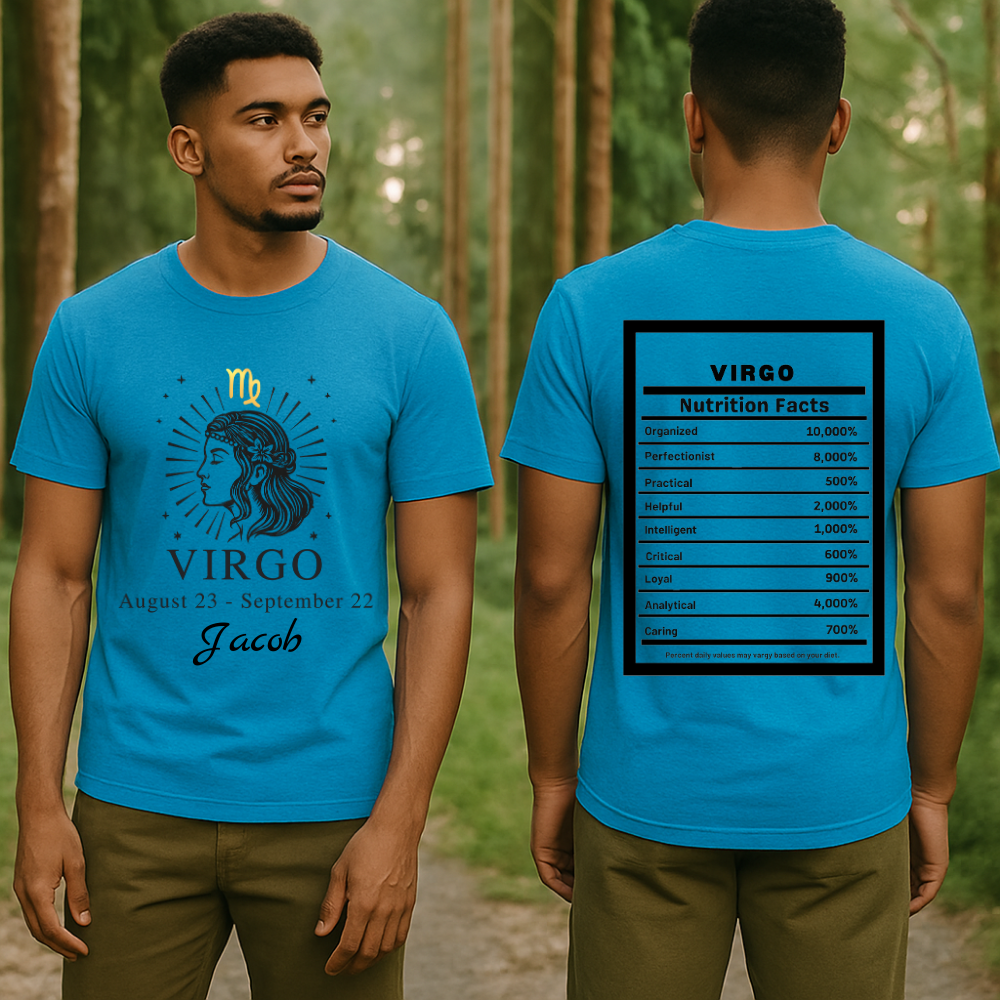 Virgo Zodiac Illustration T-Shirt | Astrology Tee, Nutrition Facts Back Print