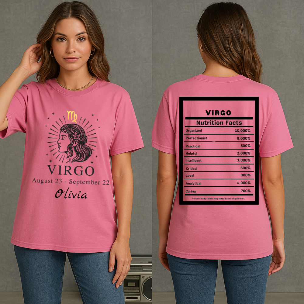 Virgo Zodiac Illustration T-Shirt | Astrology Tee, Nutrition Facts Back Print