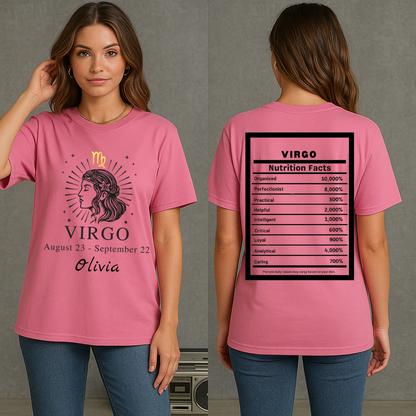 Virgo Zodiac Illustration T-Shirt | Astrology Tee, Nutrition Facts Back Print