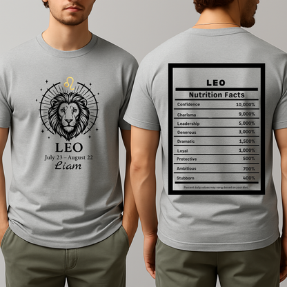 Leo Lion Zodiac T-Shirt | Astrology July 23 - August 22, Nutrition Facts Back