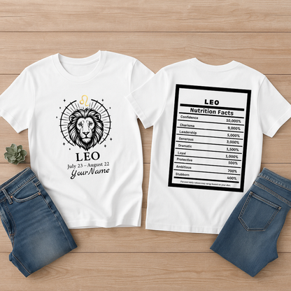 Leo Lion Zodiac T-Shirt | Astrology July 23 - August 22, Nutrition Facts Back