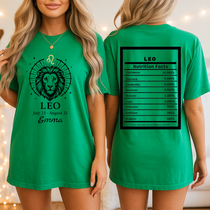 Leo Lion Zodiac T-Shirt | Astrology July 23 - August 22, Nutrition Facts Back
