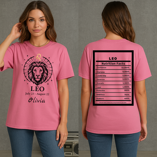 Leo Lion Zodiac T-Shirt | Astrology July 23 - August 22, Nutrition Facts Back