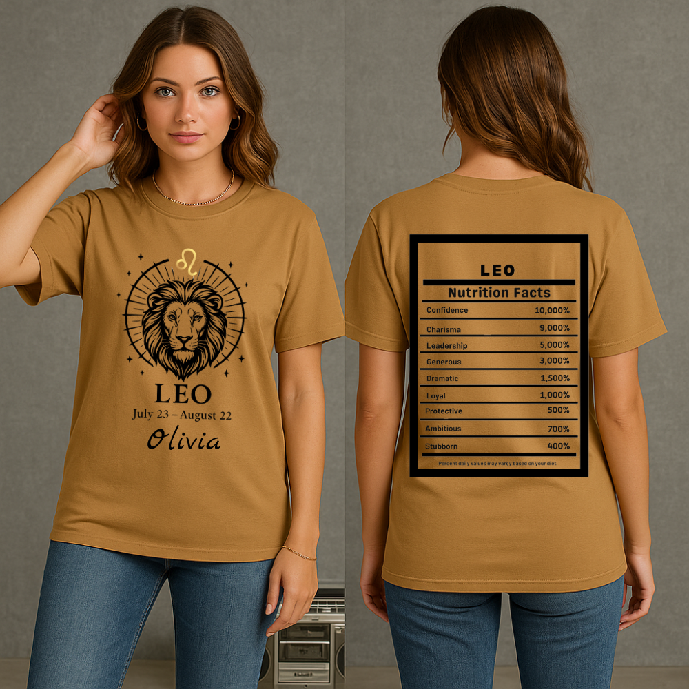 Leo Lion Zodiac T-Shirt | Astrology July 23 - August 22, Nutrition Facts Back