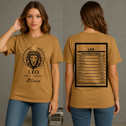 Leo Lion Zodiac T-Shirt | Astrology July 23 - August 22, Nutrition Facts Back
