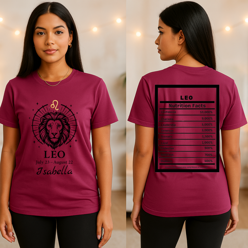 Leo Lion Zodiac T-Shirt | Astrology July 23 - August 22, Nutrition Facts Back