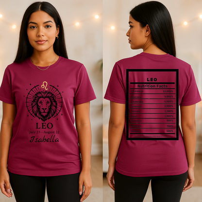 Leo Lion Zodiac T-Shirt | Astrology July 23 - August 22, Nutrition Facts Back