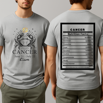 Cancer Zodiac Crab Tee | Astrology Shirt, June 21 to July 22, Nutrition Facts Back
