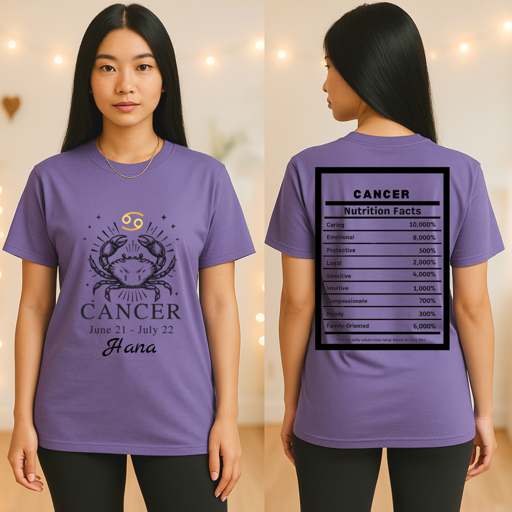 Cancer Zodiac Crab Tee | Astrology Shirt, June 21 to July 22, Nutrition Facts Back