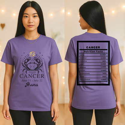 Cancer Zodiac Crab Tee | Astrology Shirt, June 21 to July 22, Nutrition Facts Back